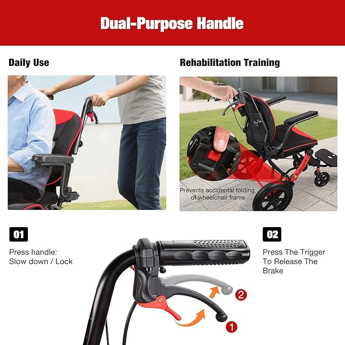 Wheelchairs for Adults,Transport Wheelchair Lightweight Foldable with Removable Cushion,Ergonomic Transfer Chair with 11-inch Rear Wheels for All Terrains,Travel Wheelchair,Red