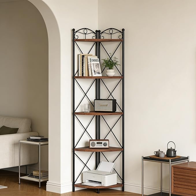 VECELO 5 Tier Corner Shelf Stand, 55.2" Tall Corner Bookshelf, Plant Stand, Rustic Brown Corner Storage Shelf for Living Room, Kitchen, Bedroom, Office