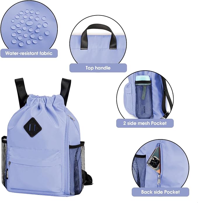 WANDF Drawstring Backpack with Shoe Compartment, Sports Gym Bag | Multi-Pocket Storage, Water-Resistant Fabric, Cinch String Bag