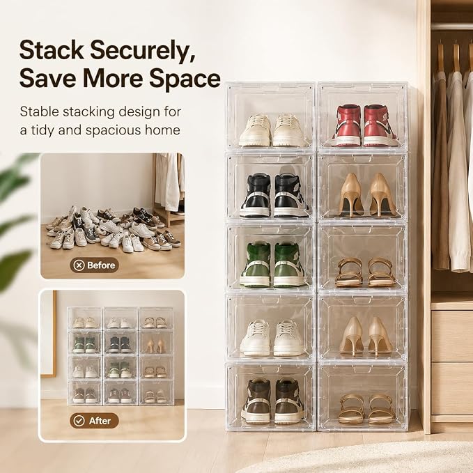 Clear Shoe Storage Boxes,2026 2nd Gen Thickened Hard Plastic Stackable Organizer with Magnetic Door,Folding Shoe Racks for Closet,Large Sneaker Display Cases for Sneakers and Ankle Boots,6 PCS