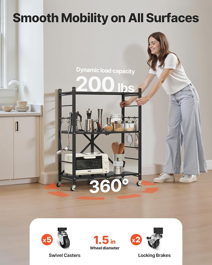 VEVOR 3-Tier Foldable Storage Shelf, 28W x 13D x 36H Inch Folding Metal Rack Shelving Unit, No Assembly Organizer Shelf with 5 Wheels & 4 Hooks for Pantry, Kitchen, Garage, Basement, Black