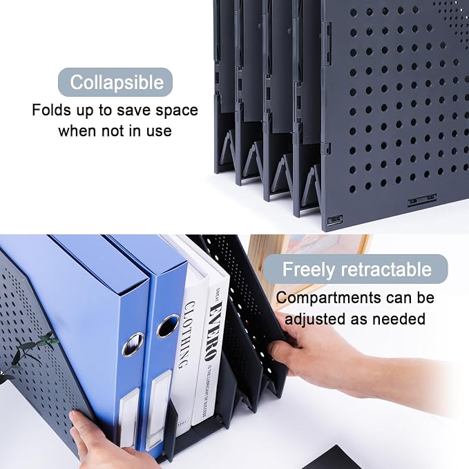 FRETONBA Collapsible Magazine File Holder, 4 Vertical Compartments | Foldable Space-Saving, Sturdy Plastic Binder Holder, Compact for Desk or Shelf, for Office & Home, Easy Access, Dark Gray