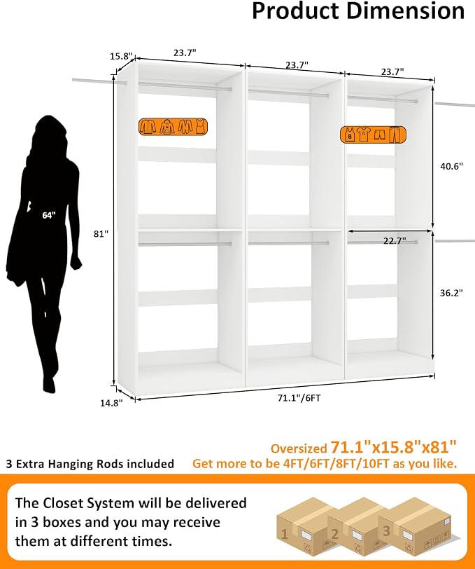 Closet System with 9 Hanging Rods& Shelves , 6FT Small Closet Organizer System Storage Wood with Extra Side Hanging Rod for Walk in Closet, Adjustable Modular Closet Systems Customize, White(6FT)