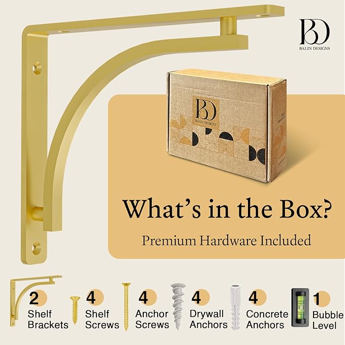 Classic Brass Heavy Duty Shelf Brackets 12 inch by Balin Designs – Gold L Bracket, Wall Mounted Support, Shelving Metal Bracket, Decorative Shelf Brackets, with Hardware Included, Set of 2