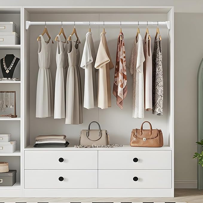 Closet Rods For Hanging Clothes,41-87 In Extra Long Tension Rod For Closet,Adjustable Rod Without Drilling 33lb Heavy Duty Closet Rods Diameter 1.26in-One-Bond Stretching,White
