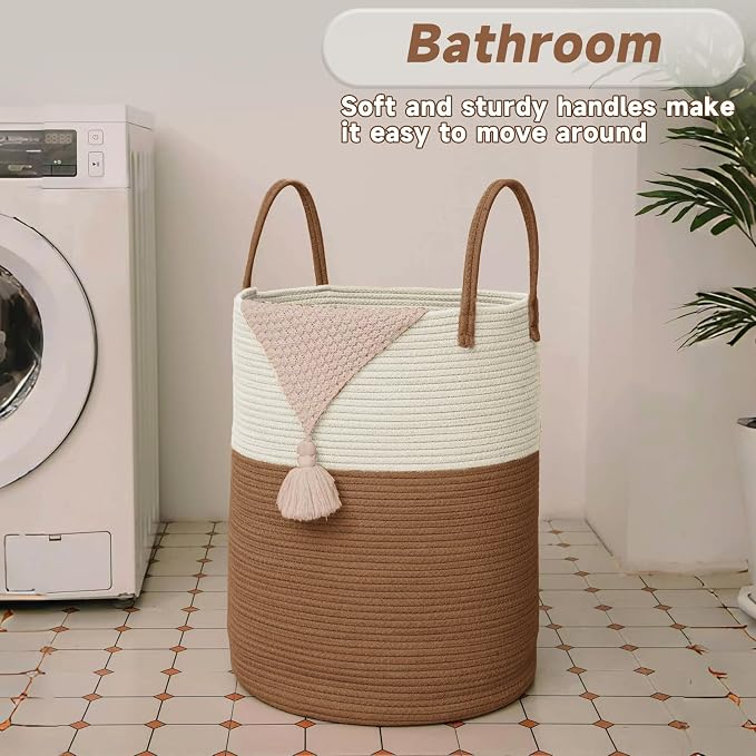 JMvicyroam Large Woven Laundry Basket Hamper,60L Cotton Rope Storage Bin for Blankets,Toys and Clothes,Decorative Tall Nursery Hamper for Living Room,Baby Nursery,Bathroom and Bedroom,White and Brown