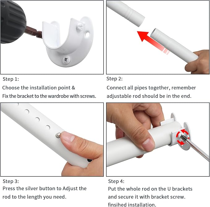 Closet Rods for Hanging Clothes, 16 to 84 Inches Closet Rod, White Closet Hanging Rod, Adjustable Rod for Closet to Hang Clothes Heavy Duty Clothing poles for Closet, Wardrobes, Laundry, RV