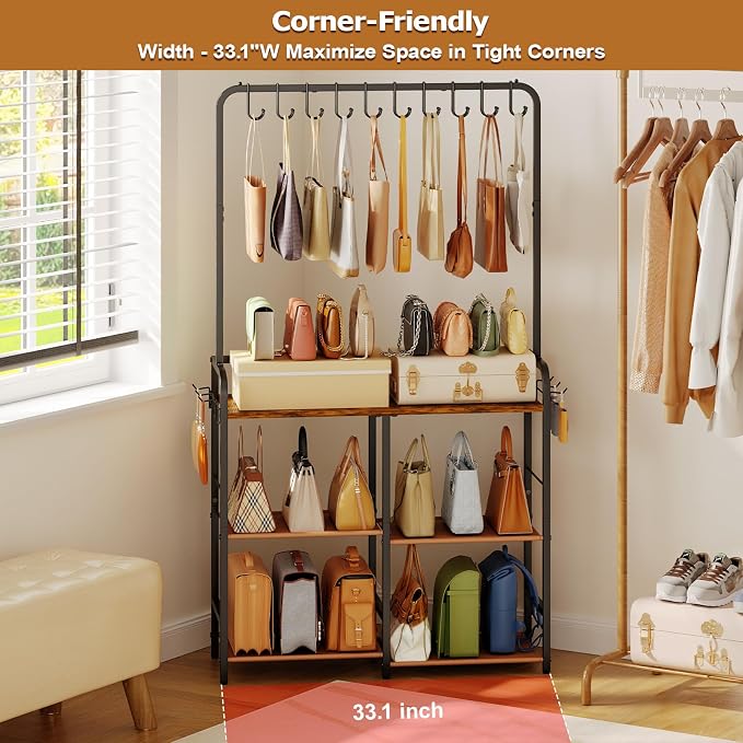 Large Purse Organizer for Closet, 3-Tier Double Row Purse Rack Stand with Hooks, 11.5" Depth Handbag Storage for Narrow Spaces, Sturdy Floor Standing Purse Shelf for Bedroom & Entryway, Black