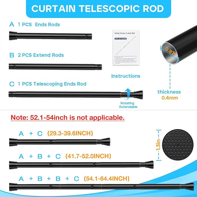4 Pack Black Tension Curtain Rod 30 to 64 Inch,Adjustable Curtain Rod,Shower Tension Curtain Rod No Drilling,7/8" Spring Curtain Rods for Windows Closet Doorway Door
