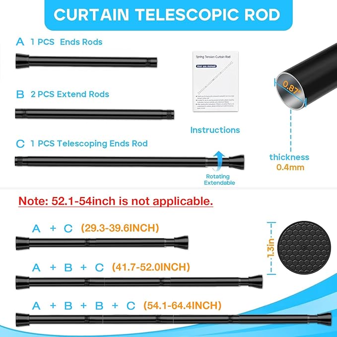 Black Tension Curtain Rod 30 to 64 Inch,Adjustable Curtain Rod,Shower Tension Curtain Rod No Drilling,7/8" Spring Curtain Rods for Windows Closet Doorway Door