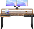 HUANUO 63″ x 26″ Electric Standing Desk with 2 Drawers &24.4″ Large Keyboard Tray, C-Clamp Mount Compatible, Adjustable Computer Desk for Office, Sit Stand Up Desk with 4 Height Presets, Vintage Brown