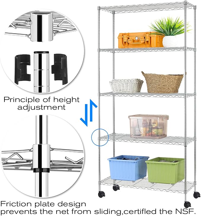 HCY 5-Tier Shelving Unit Storage Shelves with Wheels Heavy Duty Metal Storage Rack NSF Height Adjustable for Laundry Bathroom Kitchen Garage Pantry Organization -60"x30"x14"(Chrome)