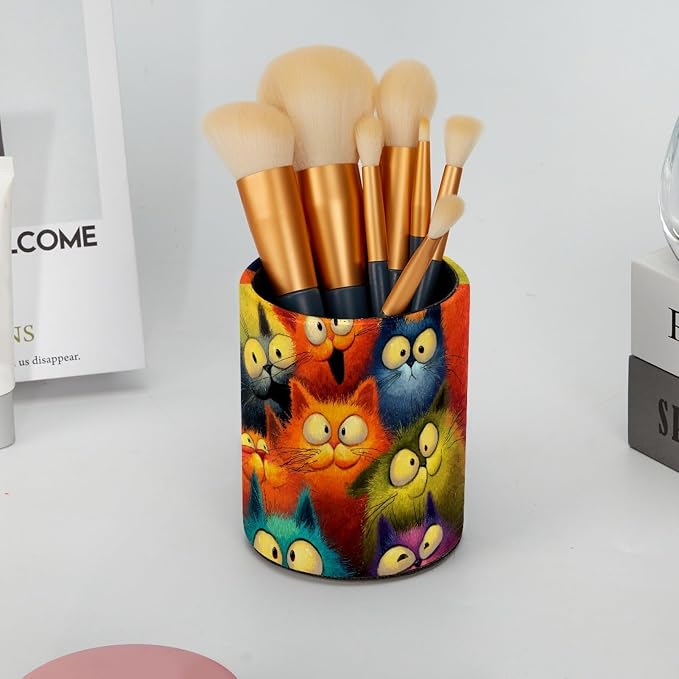 Funny Cats Pen Holder Pencil Organizer for Desk, 3.1” x 3.1” x 3.9” Pencil Cup Office Supplies, Large Capacity Cute Pen and Makeup Brush Holder for Desktop, Home, School