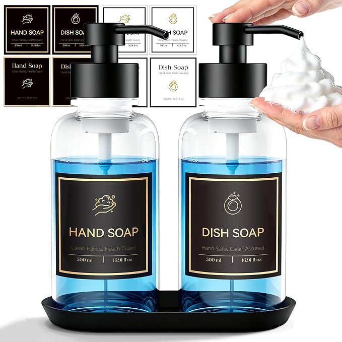 16.9 Oz Clear Glass Foaming Soap Dispenser, 2 Pack(Clear) | Refillable Hand & Dish Soap Pump, With Silicone Tray & 8 Waterproof Labels, For Bathroom & Kitchen，Perfect Housewarming Gift