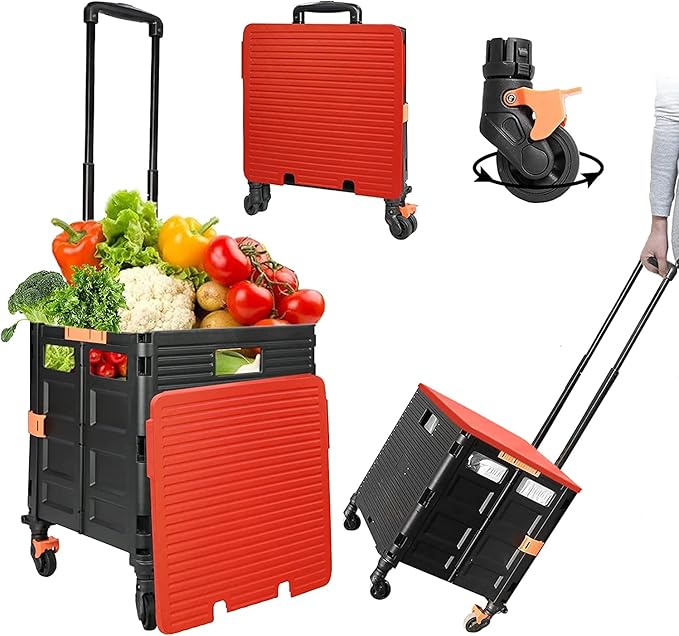 Quick Utility Cart Folding Portable Rolling Crate Handcart with Durable Heavy Duty Plastic Telescoping Handle Collapsible 4 Rotate Wheels for Travel Shopping Moving Luggage Office Use (Black&red lid)