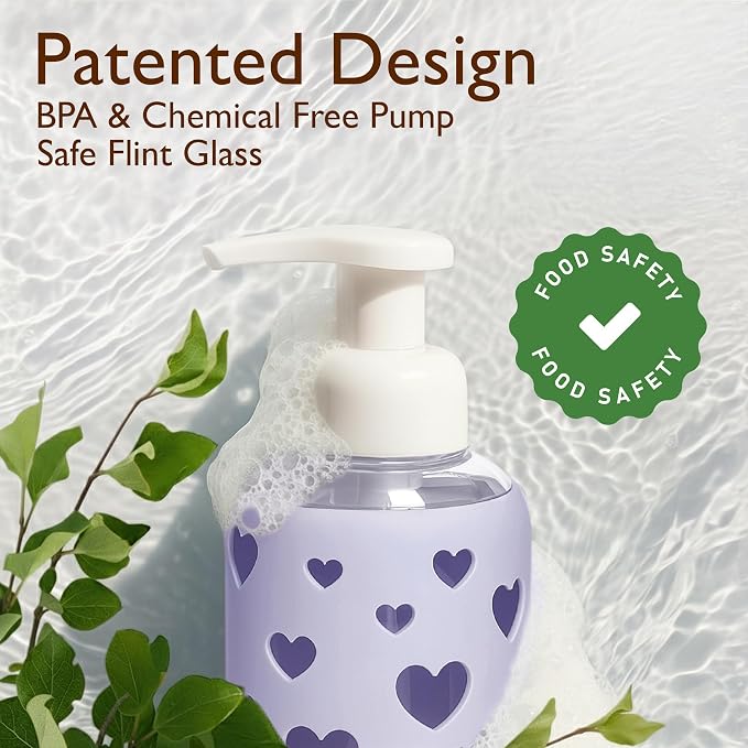 SoCal Suds & Company Foaming Hand Soap Dispenser Glass, Liquid Soap Pump with Heart Silicone Sleeve, Refillable Bottle for Kids, Baby Wash & Shampoo, Ideal for Bathroom & Kitchen Use, Soft Purple, 8oz