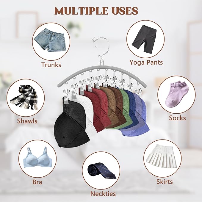 3 Pack Hat Hangers for Closet, Metal Hat Organizer for Baseball Caps | Hats Rack Holder for Closet with 30 Clips, Hats Storage for Baseball Caps Beanie Accessories Men Women, Grey