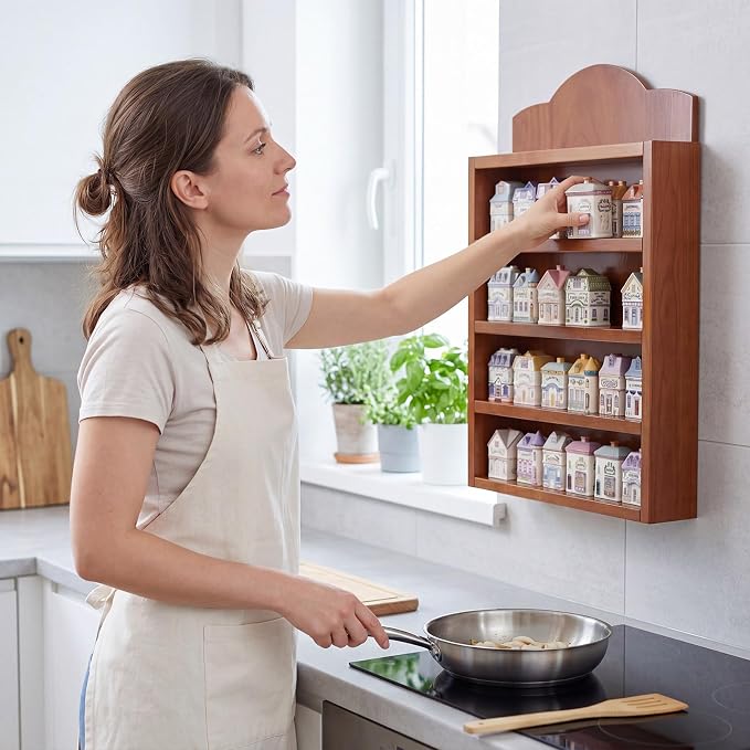 Chunful Vintage Spice Jar Wooden Rack Warm Brown Natural Spice Shelf for 24 Jars, Village Style Wall Mounting Kitchen Storage Decorative Hanging Display Rack, Shelf Only