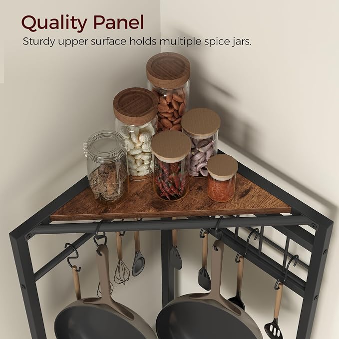 MAHANCRIS 4-Tier Pots and Pans Organizer with 10 Hooks for Kitchen Corner | Pots Rack, Cookware Stand, for Kitchen, Dining Room, Pantry, Rustic Brown