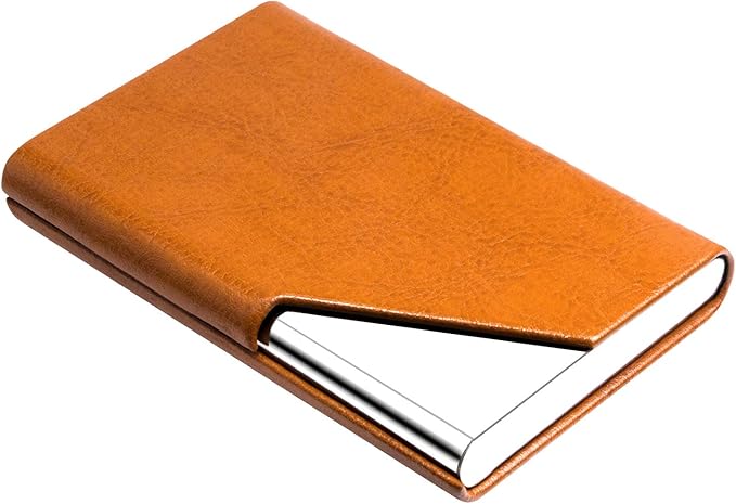Padike Business Card Holder, Upgraded Leather Business Card Case Pocket Card Holders for Men or Women, Metal Slim Name Card Holder RFID Blocking Business Card Carrier with Magnetic Closure(Z-Orange)