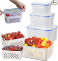 Yuonry 4 in 1 Food Storage Container, Fruit Storage Containers for Fridge, Produce Containers with Lid and Strainer, Including Drain Basket, Multipurpose Large Fruit Container for Fridge(Blue)