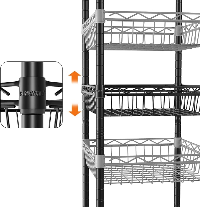 SINGAYE 6 Tier Shelf Wire Shelving Adjustable Storage Shelves Basket Rack | Adjustable Shelves with Wheels Metal Storage Unit Closet Bathroom Organizers Pantry Kitchen Garage Laundry Room Black
