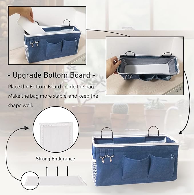 Kanrichu 3pcs Large Wall Hanging Organizer Bag, Linen Fabric Door Hanging Storage Baskets with Pockets, Waterproof Bin for Kitchen, Bedroom, Office, RV Camper (Blue)