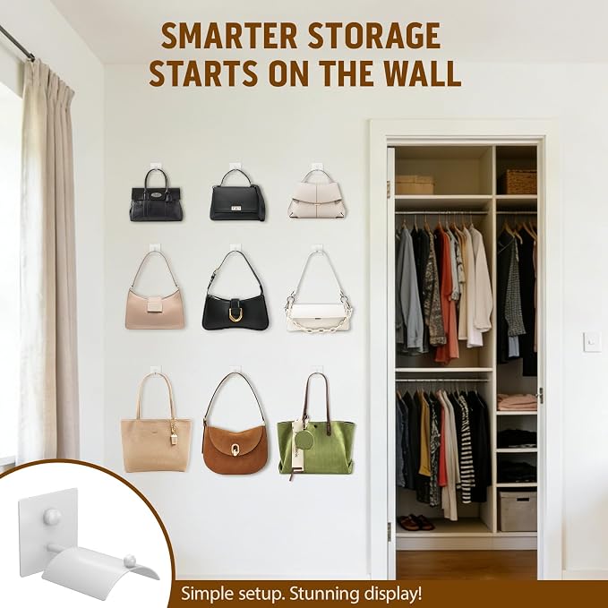 Wall Mounted Purse Organizer for Closet – Arc Handbag Holder Protects Handles & Saves Space, Adhesive or Screw Mount, Purse Hanger for Bedroom, Entryway, Office & Closet Storage/Organization, White