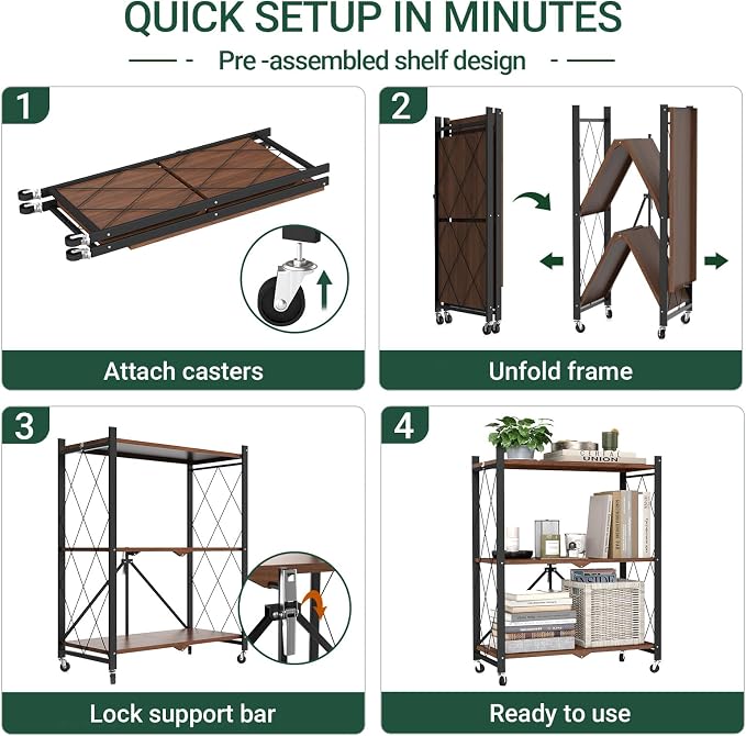 black leopard 3-Tier Foldable Shelf with Wheels, Wood-Grain Steel Shelves | Pre-assembled frame unfolds in seconds with tool-free wheel setup for fast, convenient use.