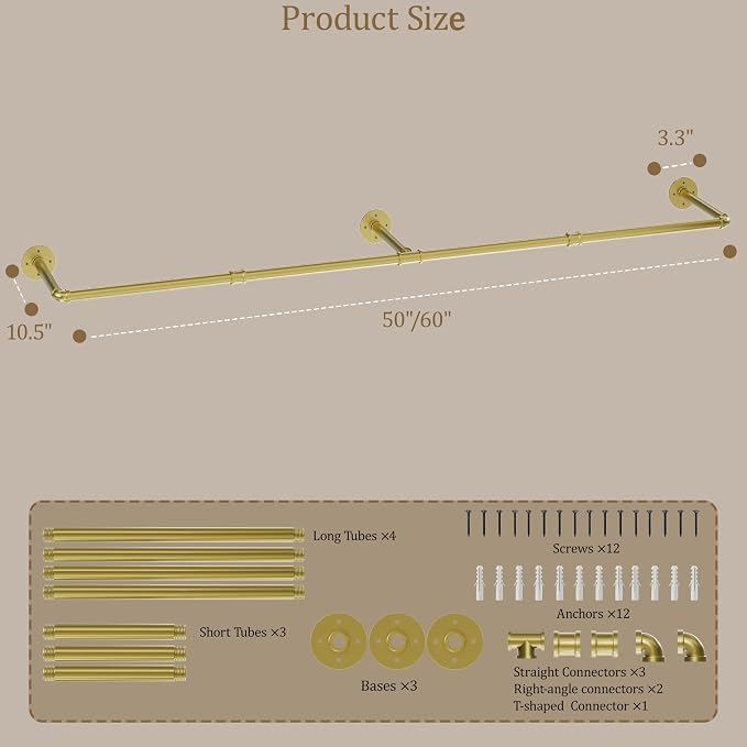 Wall Mounted Clothes Rack, Industrial Pipe Clothing Rack 60 Inch Gold, Wall Clothes Rod for Bedroom, Cloakroom, Closet, Hallway, Boutique Display, Wall-Mount Drying Racks for Laundry