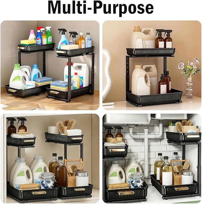 ARSTPEOE Under Sink Organizer - 2 Packs Multi-Purpose Pull-Out Storage Organizers, Slide out Pull out Cabinet Organizer Shelf, Storage for Kitchen Bathroom, Black