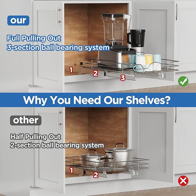 ROOMTEC Pull Out Cabinet Organizer 11"W x 18"D, for Cabinet Pull Out Shelves Cabinet Drawers Slide Out Kitchen Cabinet Organizer Storage Shelves, Fits 12.5" Opening Cabinet