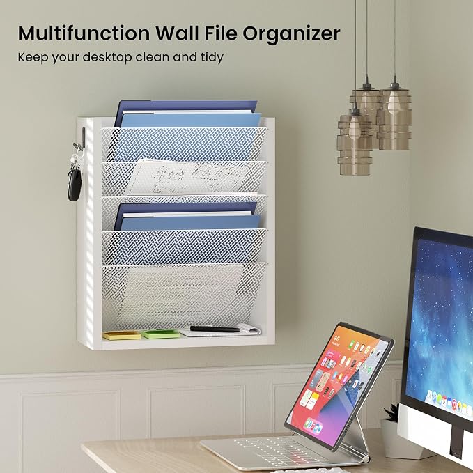 Creso hom Mail Organizer Wall Mounted, Mail Sorter with 2 Key Hooks, 6-Slot File Organizer for Wall or Desk, Wood Letter Holder Envelopes Bills Accessories for Home Office, White