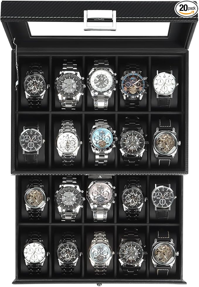 Kukikan Watch Case, 20-Slot 2-Layer Watch Box with Large Glass Lid, Watch Storage Organizer with Removable Watch Pillows, Men's Jewelry Box with Lock, Watch Holder Display Case, Fathers Day Gift