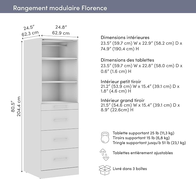 Bestar 25W x 25D Modular Closet Organizer System Tower, Reach-in Closet or Walk-in with LED Light, Shelves, and 4 Drawers, Slab Style, Florence Collection, White