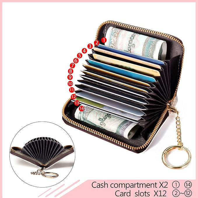 Blusabaca RFID Credit Card Holder Small Women Travel Wallet, Funny Dog | Removable Keychain, Case with Zipper, Vegan PU Leather, Cash Coin Pocket, Business Accordion Purse, Ladies Female Gift