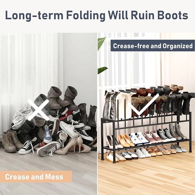 DIMJ Boot Rack 3-Tier - Black Metal Boot Storage Rack for Tall Boots Organizer Tall Boots, Multiuse Shoe Rack for Boots, Sneakers, High-Heel, Entryway, Fit for 10 Pairs, Black