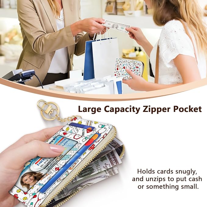 GIANCOMICS Slim Wallet Credit Card Holder Women, Nurse Rfid Blocking Small Card Case, Keychain Thin Pocket Curved Zipper Wallet, Travel Card Holder PU Leather ID Window, Ladies Female Gifts