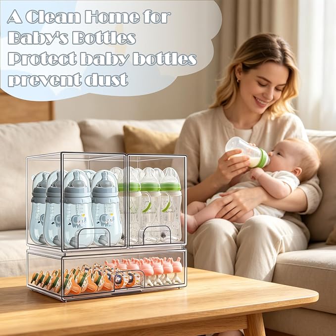 Baby Bottle Organizer with Hooks - 3 Pack Stackable Storage Drawer | Baby Organizers and Storage, Clear Acrylic Multipurpose Bottle Storage for Countertop
