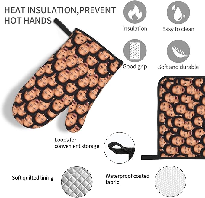 Custom Oven Mitts and Pot Holders Personalized with Your Face, Baking Gifts for Women for Kitchen Cooking, BBQ, Grillin-Style1, 2 Oven Mitts+ 1 Pot Holders