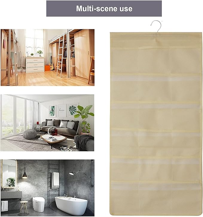 2Pcs Hanging Mesh Pockets Dual-Sided Closet Organizer for Underwear,Bra,Socks,Accessories with Hanger,Total 48 Pockets Beige