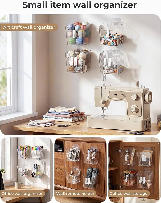 Wall Mount Organizer, 6 Hooks and 4 Pack Cabinet Door Storage Bins, Space-Saving Adhesive Bathroom Wall Organizer, Wall Storage for Office, Cabinet, Pantry, Kitchen, Makeup