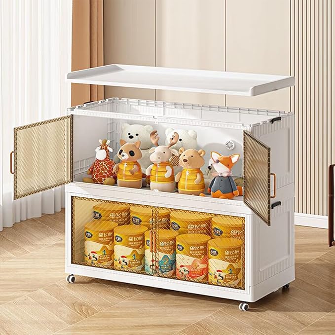 5900QT Stackable Storage Bins with Lid,147Gal Closet Organizers and Plastic Cabinets Shelves, Collapsible Drawers, Foldable Boxes with Wheels for Home Office, 3Pack (Clear Door, 39inch)