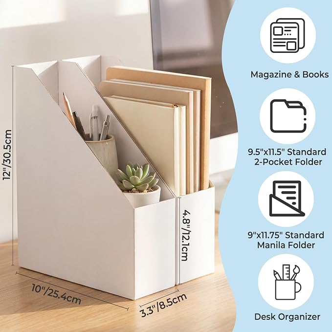 Rempry Magazine File Holders White, Foldable Cardboard Document Organizer Boxes with Labels, Space-Saving Storage for Office, Home, School, 10x3.3x12 Inchs, 6 Pack