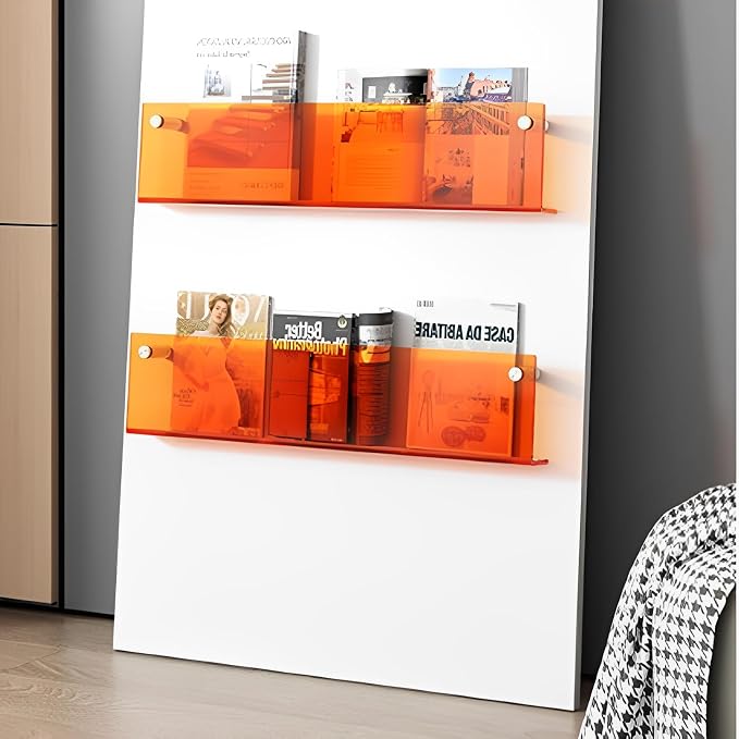 ROYALITA 2-Pack Acrylic Magazine Holder Brochure Holder, Orange 17 Inch | Record Magazine Rack, Fashion Floating Bookshelf, Literature Storage Rack for Waiting Room, Living Room, Office