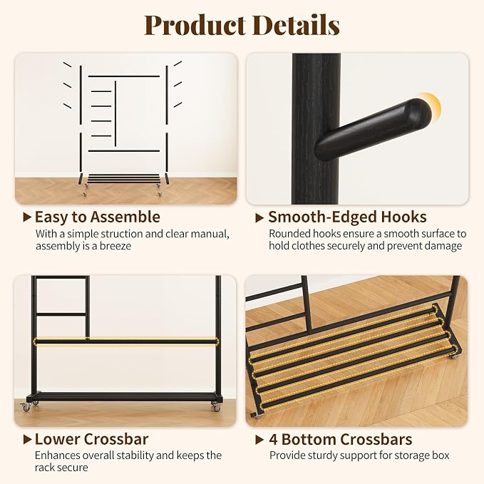 Yoobure Solid Wood Clothing Rack - Rolling Clothes Rack with Wheels, 4-in-1 Coat Rack with Pants Rack & Shelf, Freestanding Clothing Racks for Hanging Clothes, Garment Rack for Closet Bedroom Entryway