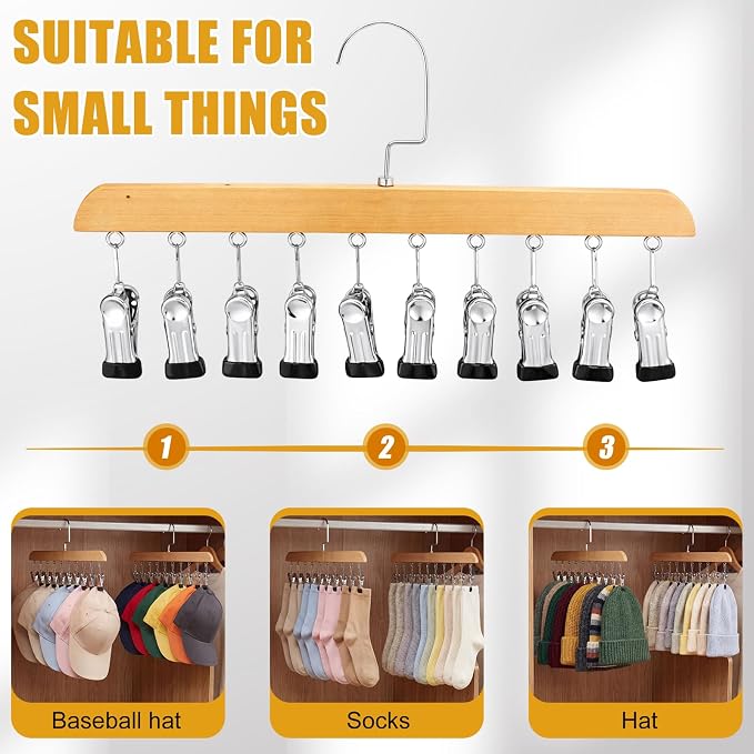Novabright 2 Pcs Closet Organizers with 10 Clips Hat Pants Scarf Socks Hangers Wood Space Saving Rotating Hanging Hangers Clothespins with Padded Clips for Leggings Bra Tie Belt Jeans Skirt (Wood)