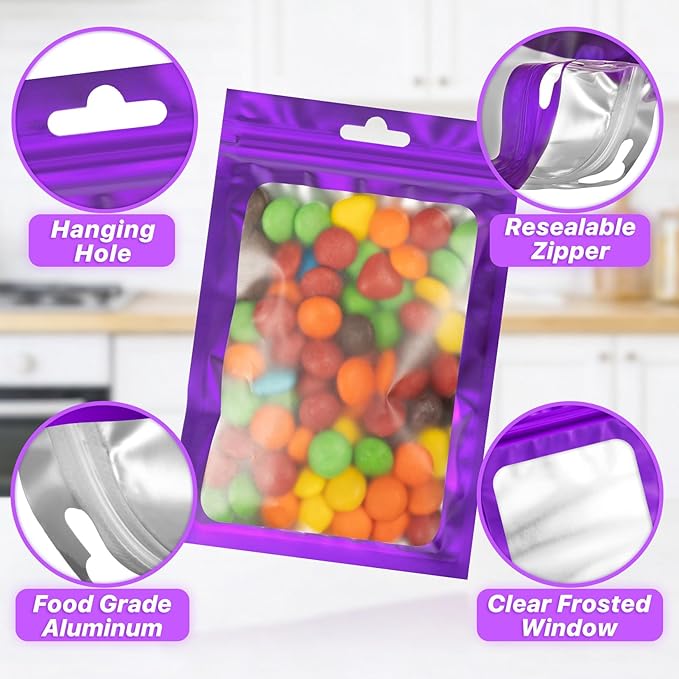 100 PCS Resealable Mylar Bags with Frosted Clear Window Bags Packaging Bag Foil Pouch Zipper Bag for Food Self Sealing Storage Supplies (4.72x7.87, Purple)