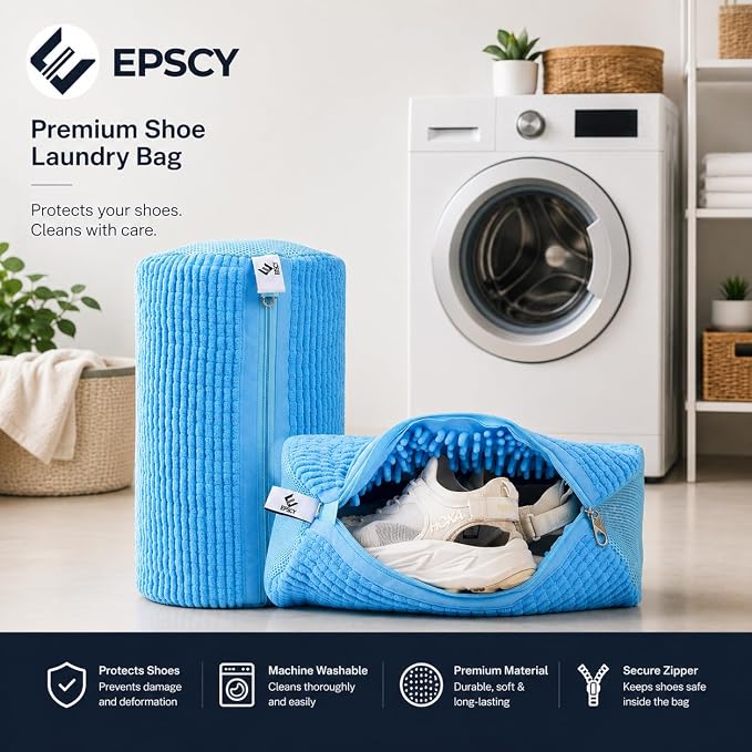 EPSCY Shoe Washing Machine Bags - Reusable Sneaker Laundry Shoe Bag with 360° Deep Clean Mesh - Self Locking Zipper, Noise Reduction Washing Bag Fits All Shoes Sizes and Types - Blue, Pack of 2