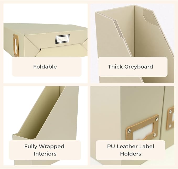 BLU MONACO | Cardboard Magazine File Holder Set of 6 | Vertical Magazine File Holder with Label Slots | Beige Linen Foldable File Organizers for Desk Shelf Office